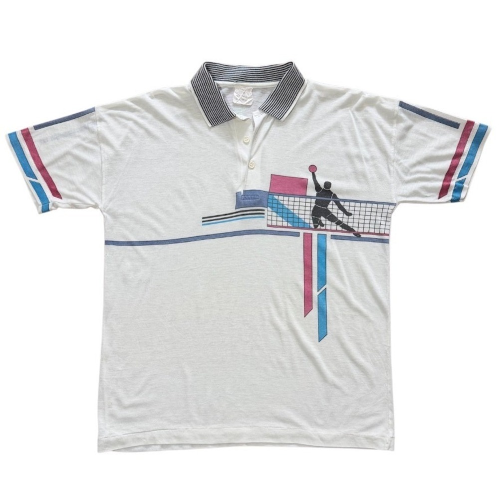 Vintage 80s Volleyball Graphic Polo Striped Geometric Retro Button Up Shirt